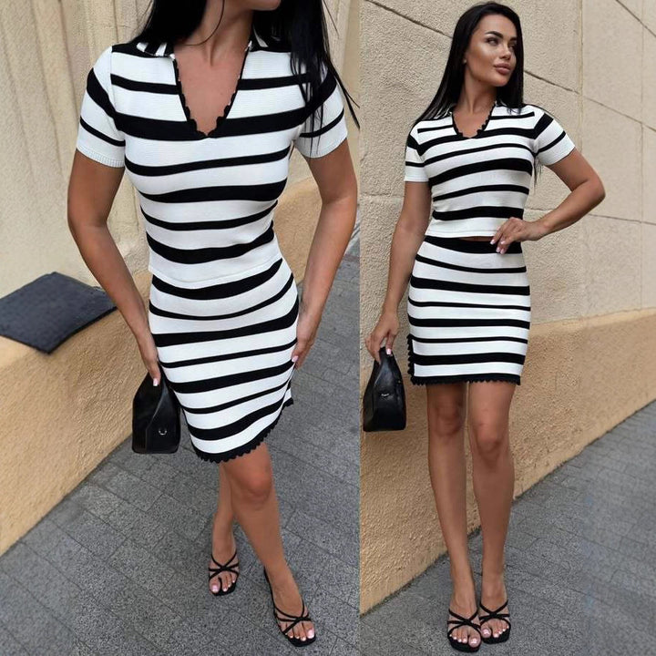Damen Streifen Kleid mit kurzem Ärmel und Rippstruktur Drune