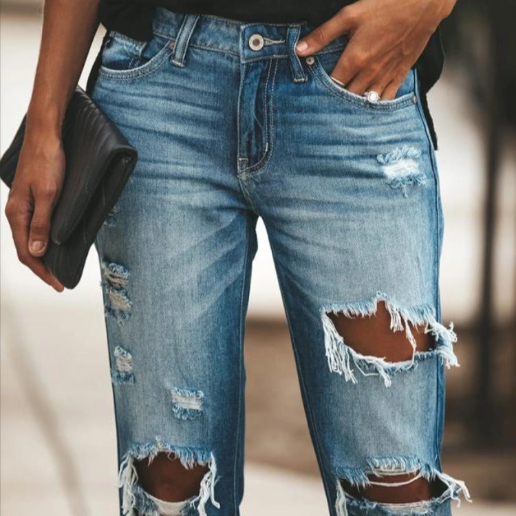 Damen Destroyed Slim-Fit Jeans mit trendigen Ausfransungen Drune