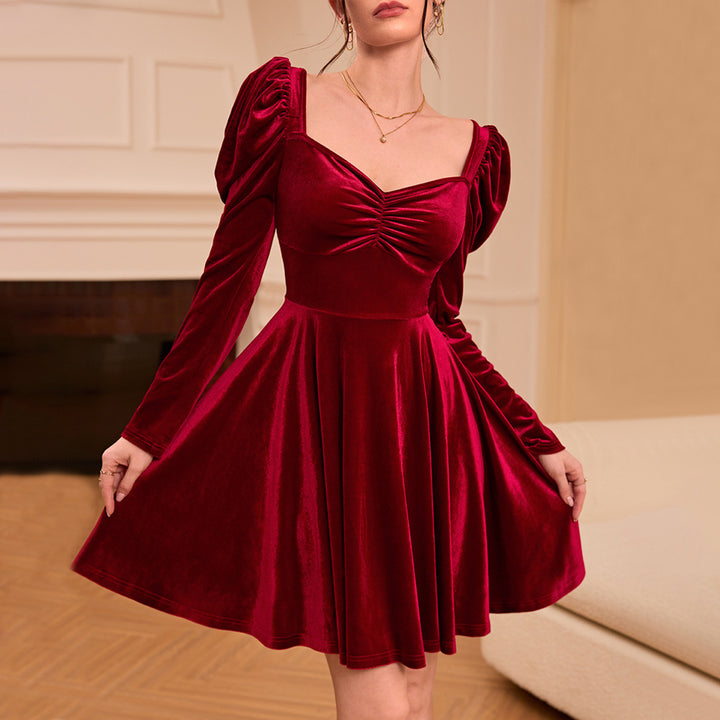 Damen Elegantes Samt Minikleid mit puffärmeligen Details und schickem V-Ausschnitt Drune