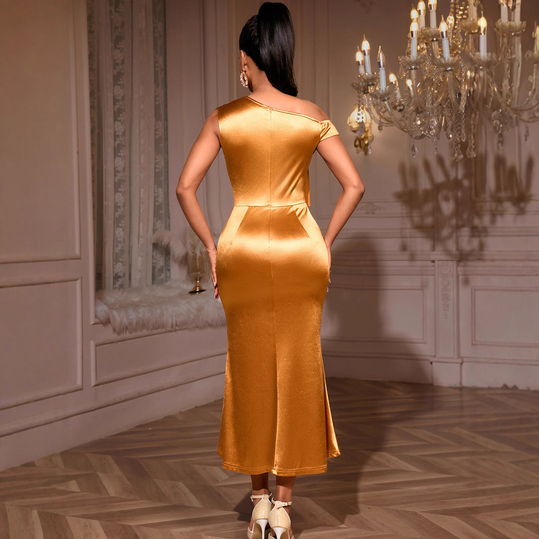 Damen elegantes Satin-Cocktailkleid mit Schulterfalten und Seitenschlitz Drune