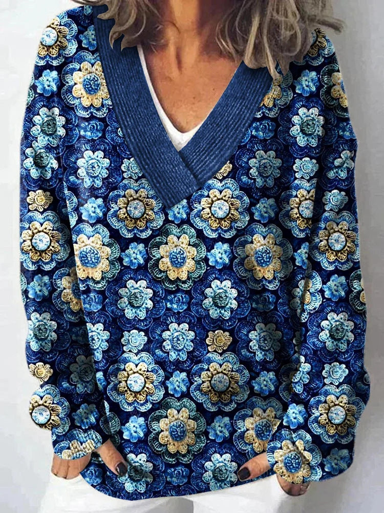 Damen V-Ausschnitt Pullover mit floralem Muster und lässigem Schnitt Drune