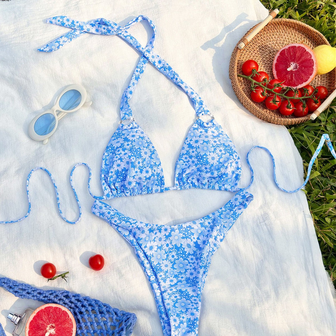 Damen Triangel-Bikini mit verspieltem Blumendesign und modischen Bindebändern Drune