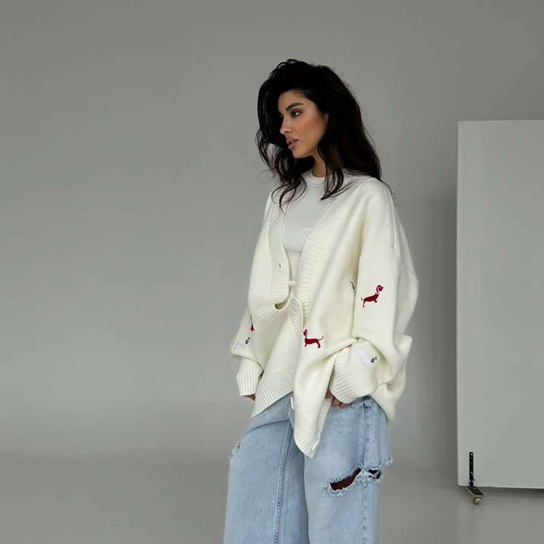 Damen Großer Strickcardigan mit tierischen Applikationen Drune