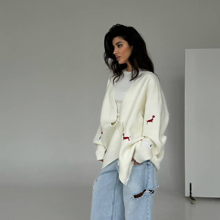Damen Großer Strickcardigan mit tierischen Applikationen Drune