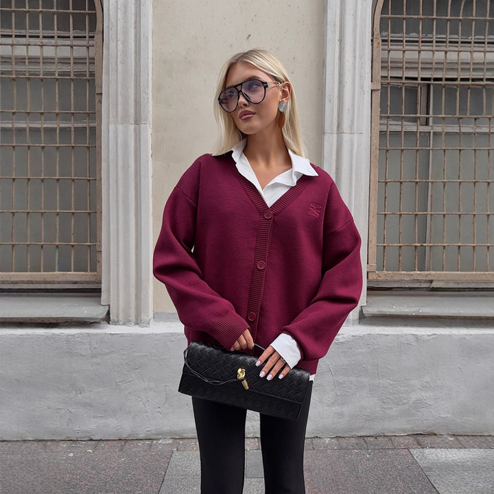 Damen Oversized Strickjacke mit elegantem V-Ausschnitt und Komfortabeln Knopfdetails Drune