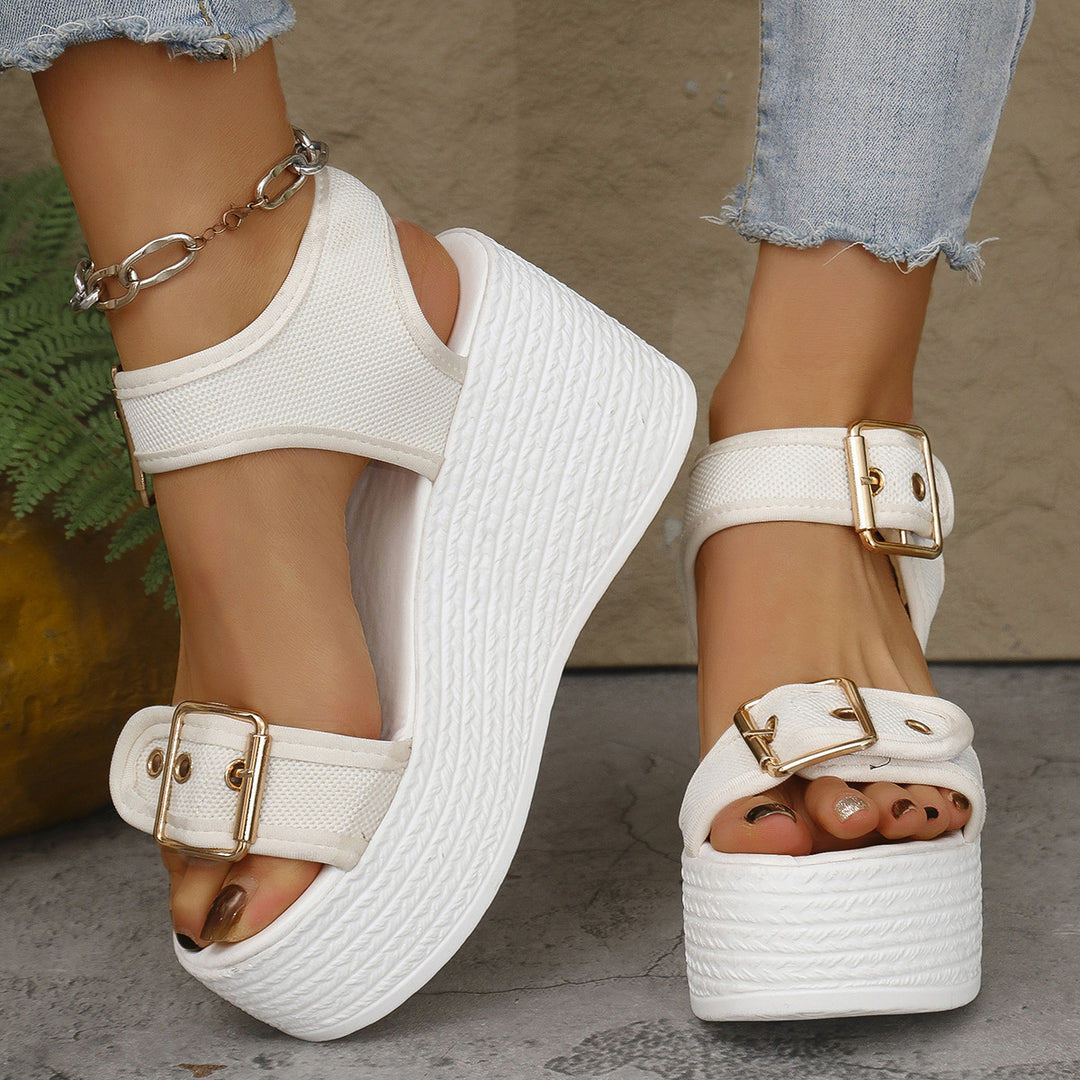 Damen nan Espadrille-Plateau-Sandalette mit textilen Riemen, großen Metallschnallen und gepolstertem Komfortfußbett Drune
