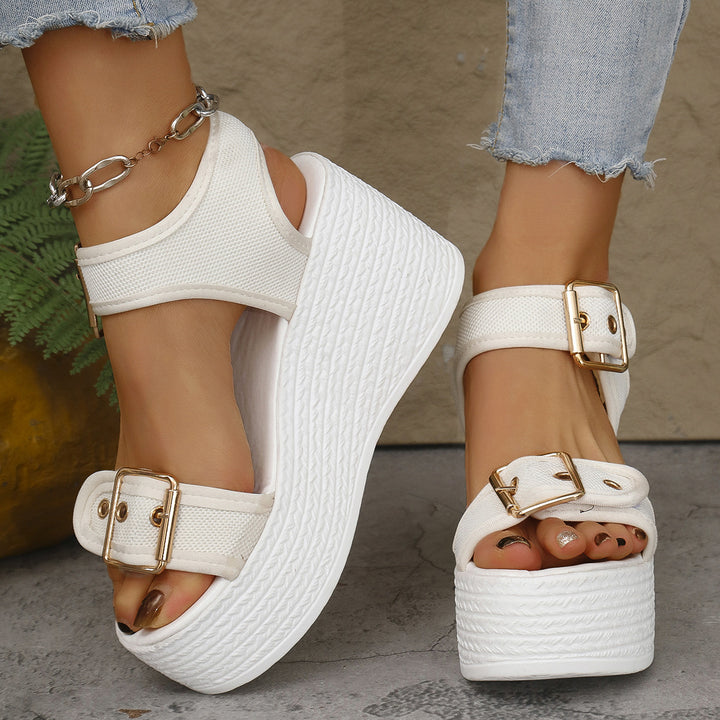 Damen nan Espadrille-Plateau-Sandalette mit textilen Riemen, großen Metallschnallen und gepolstertem Komfortfußbett Drune