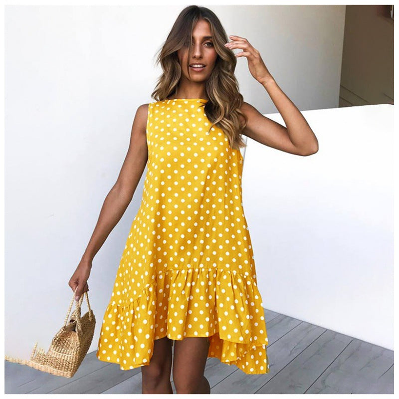 Damen Sommerliches A-Linien Kleid mit Rüschensaum und Punkten Drune