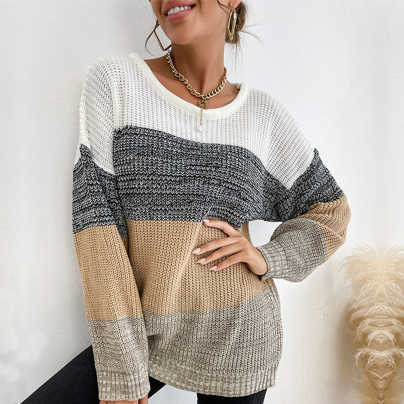 Damen lässiger Strickpullover mit blockierendem Farbdesign Drune