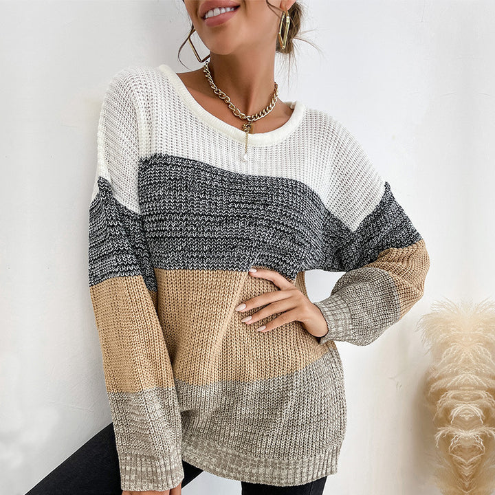 Damen lässiger Strickpullover mit blockierendem Farbdesign Drune