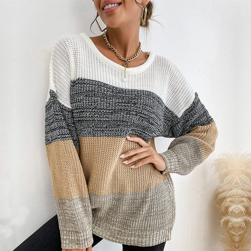 Damen lässiger Strickpullover mit blockierendem Farbdesign Drune