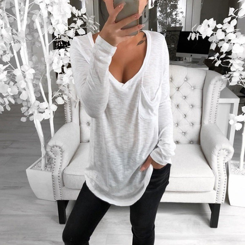 Damen Lässiges Langarmshirt mit tiefem V-Ausschnitt und Brusttasche Drune