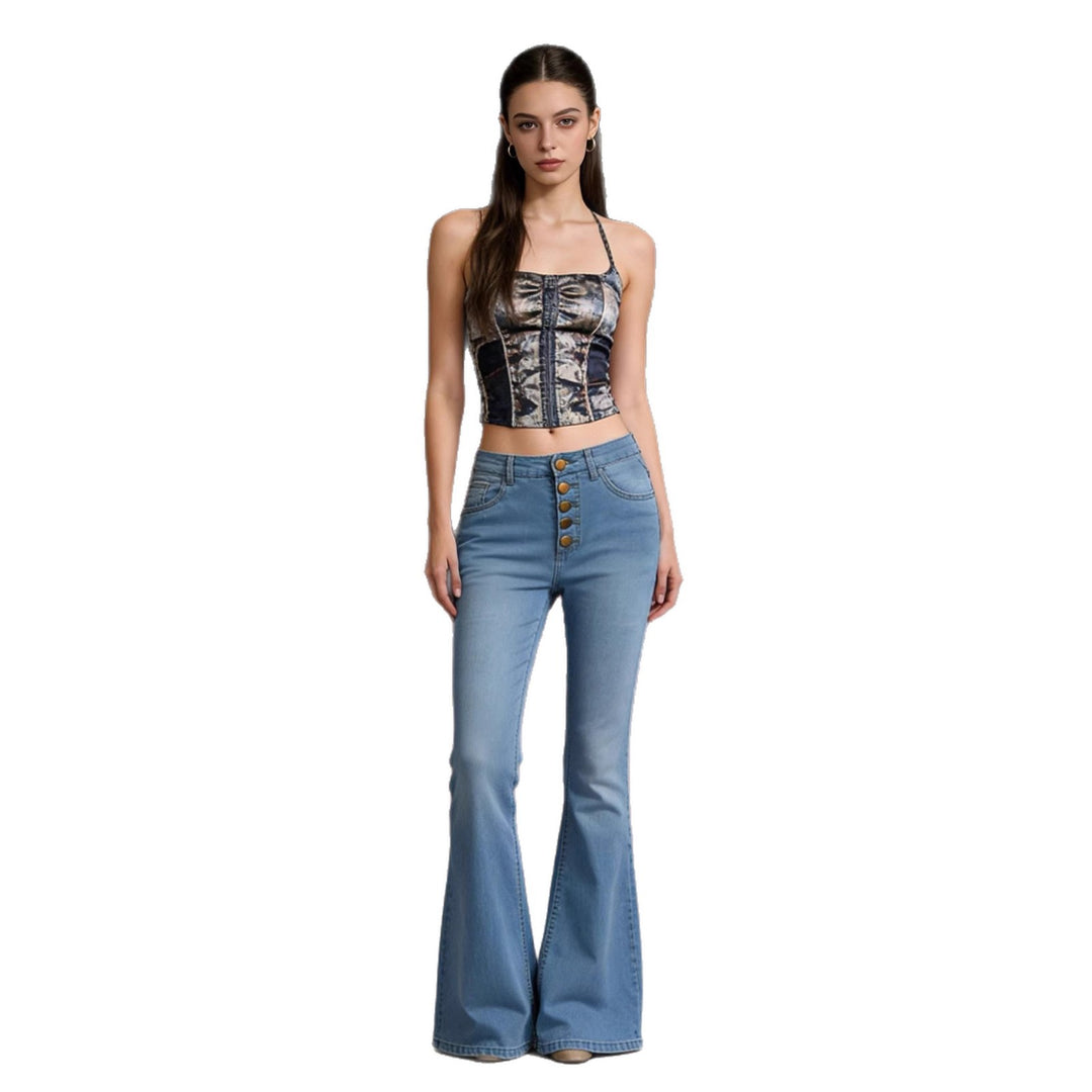 Damen Schlagjeans mit bunten Knopfdetails und hohem Bund Drune