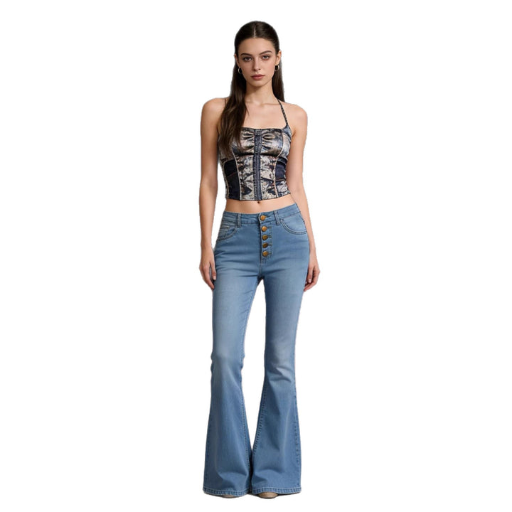 Damen Schlagjeans mit bunten Knopfdetails und hohem Bund Drune