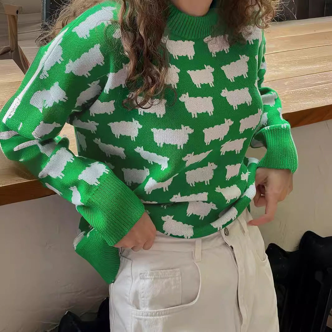 Damen Gemütlicher Pullover mit kreativem Schafe-Muster Drune