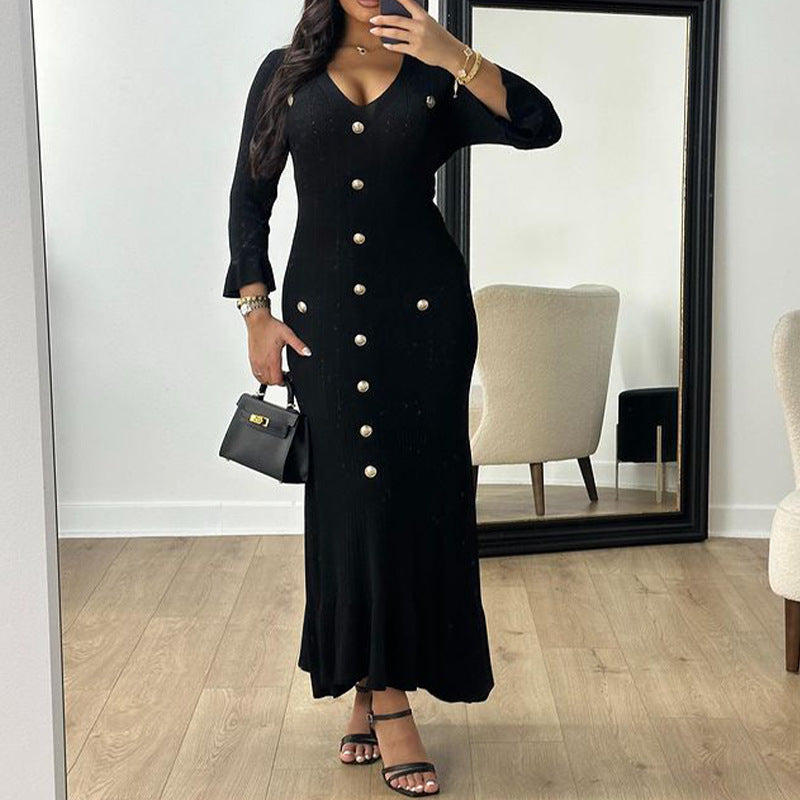 Damen Maxikleid mit elegantem Knopf-Design und raffiniertem Rippstrick Drune