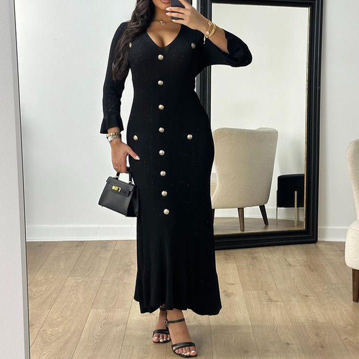 Damen Maxikleid mit elegantem Knopf-Design und raffiniertem Rippstrick Drune