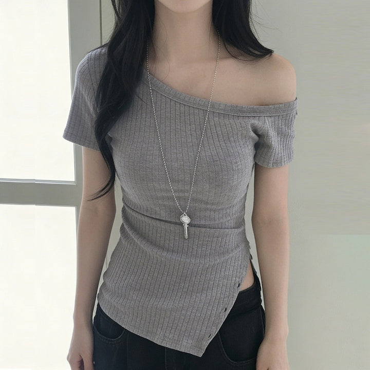 Damen asymmetrisches Kurzarm-Oberteil mit Knopfdetails und einzigartigem Schnitt Drune