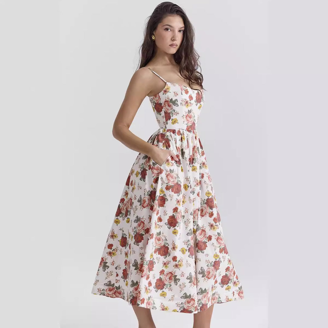 Damen Midi-Blumenkleid mit trägerlosem Stil und schwingendem Rock Drune