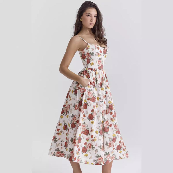 Damen Midi-Blumenkleid mit trägerlosem Stil und schwingendem Rock Drune