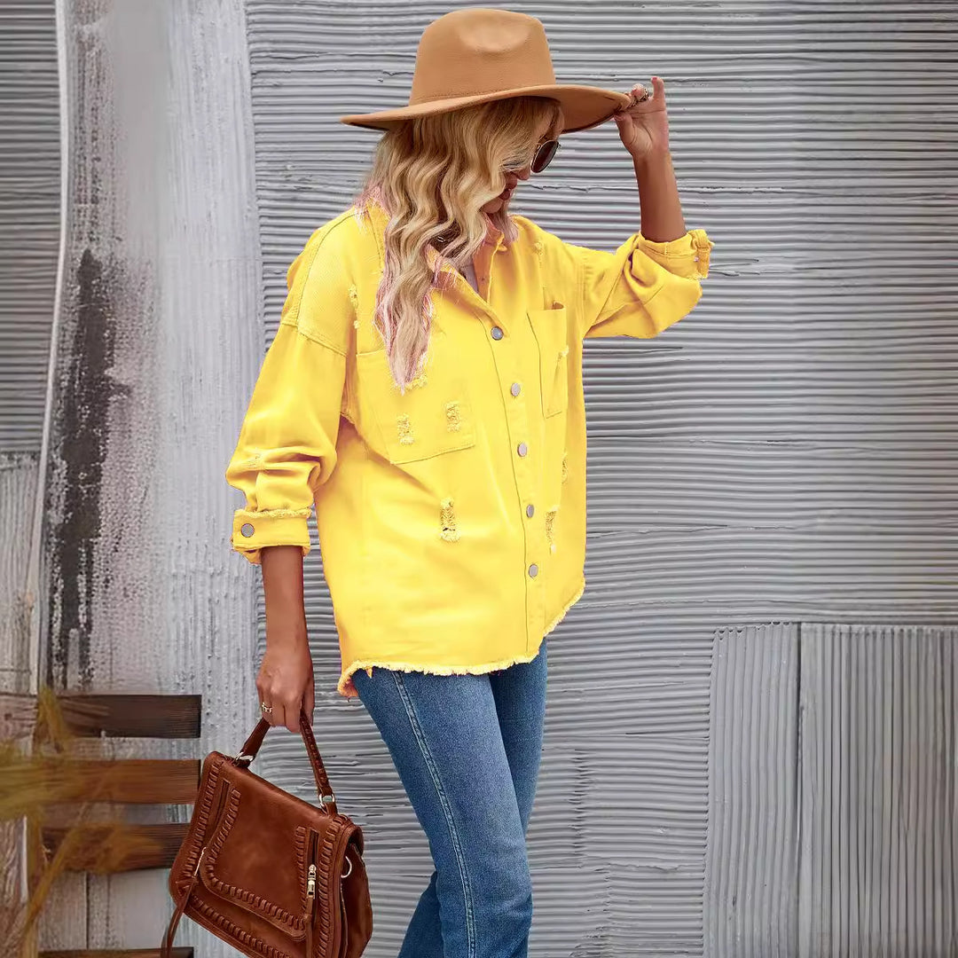 Damen Oversized Denimjacke mit Destroyed-Effekten Drune