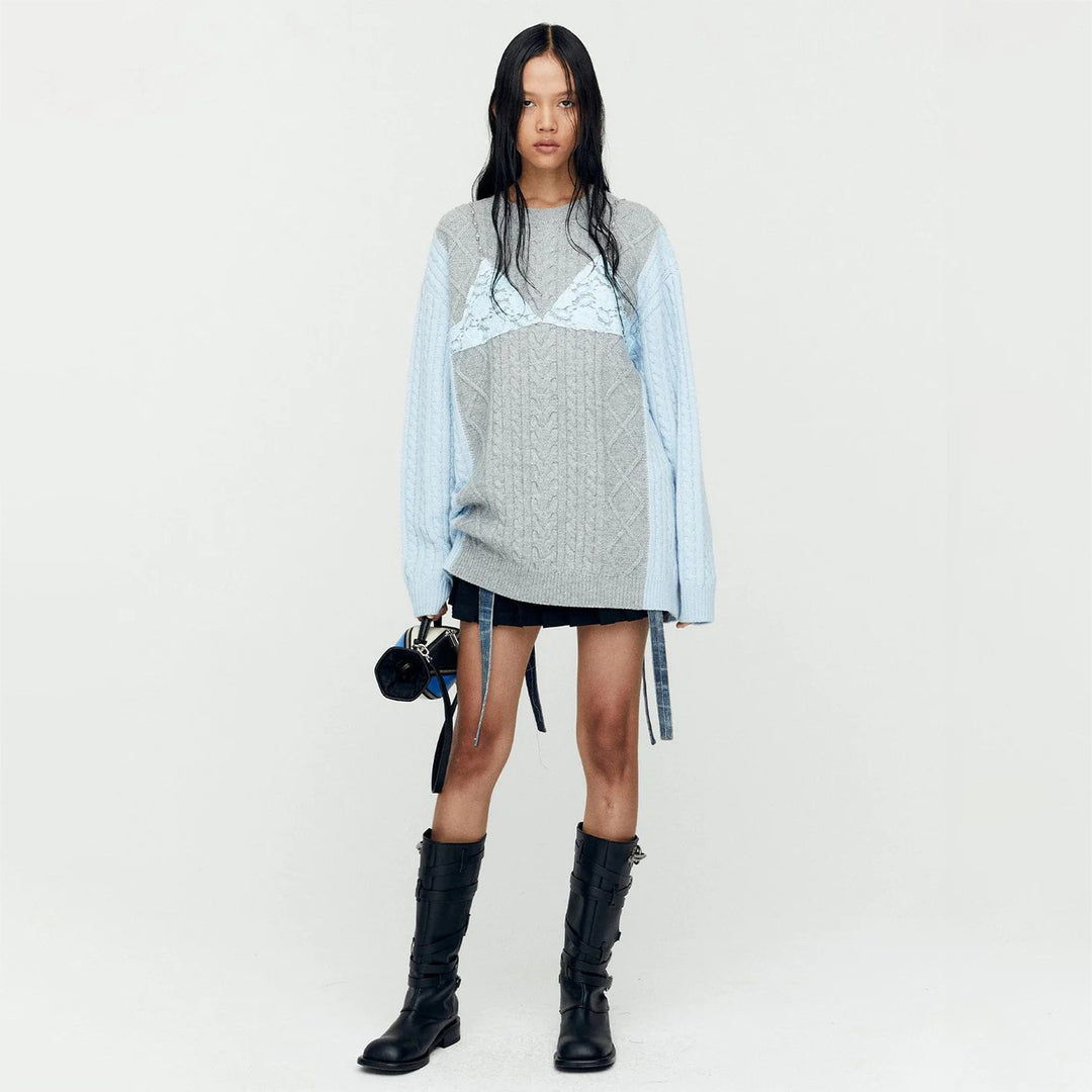 Damen Grobstrickpullover mit eleganten Spitzenakzenten und lässigem Schnitt Drune