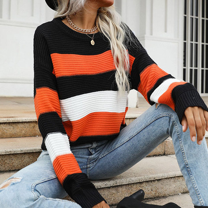 Damen gestreifter Strickpullover mit voluminösen Ärmeln und weitem Schnitt Drune