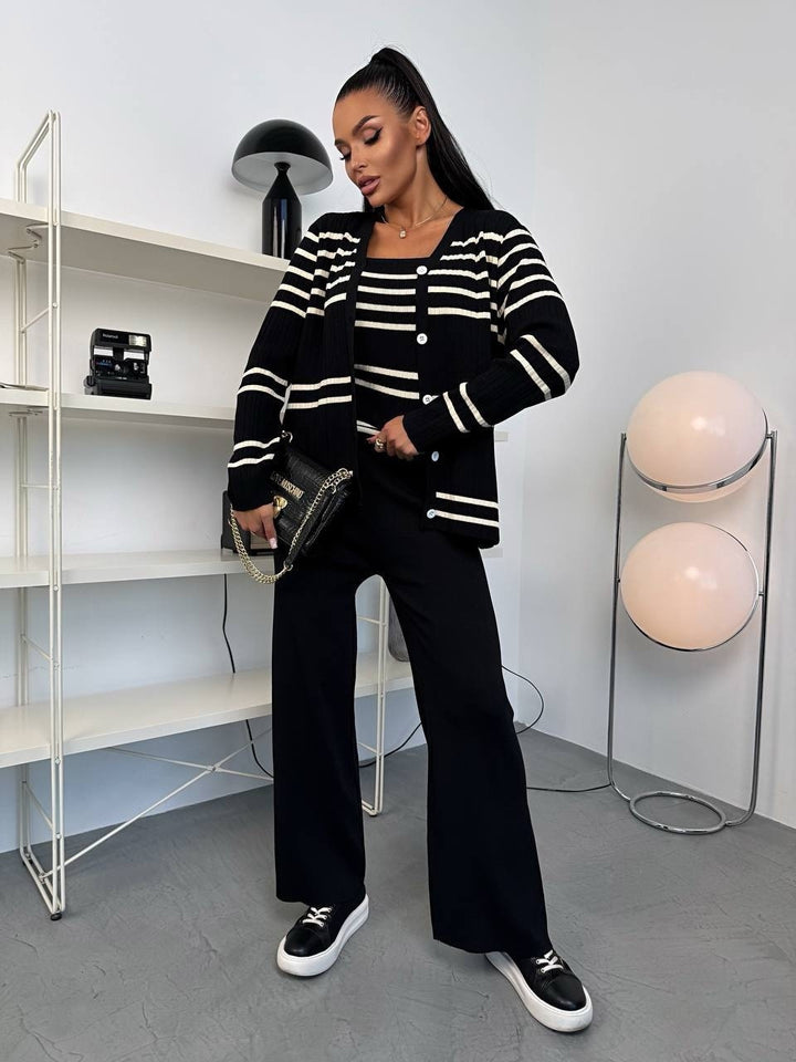 Damen Strick-Set mit eleganter Cardigan-Jacke und weitem Hosenbein Drune