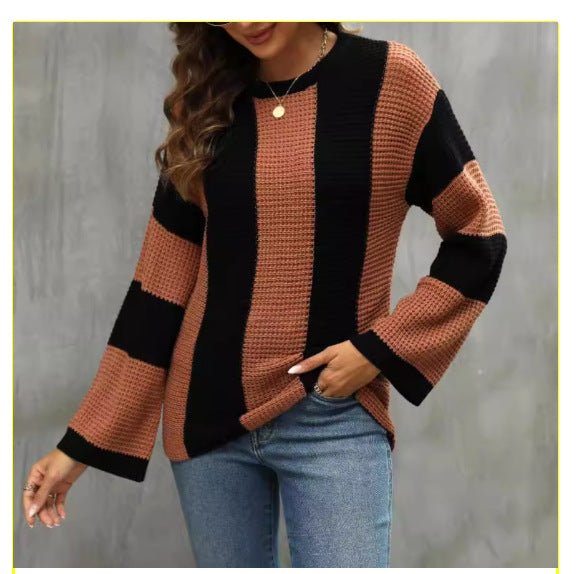 Damen lässiger Grobstrickpullover mit weitem Schnitt und Blockstreifen Drune