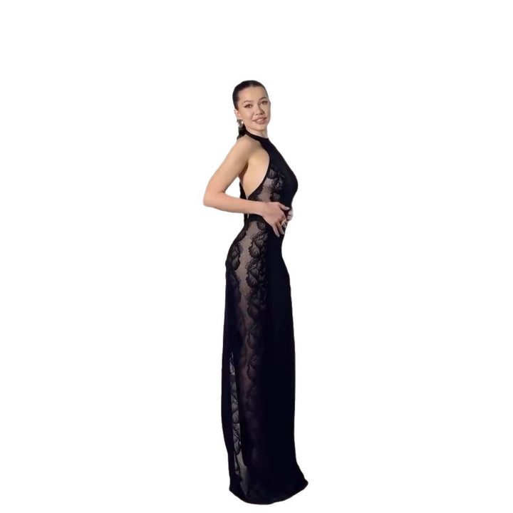 Damen Elegantes Spitzenkleid mit hohem Kragen und seitlichem Schlitz Drune