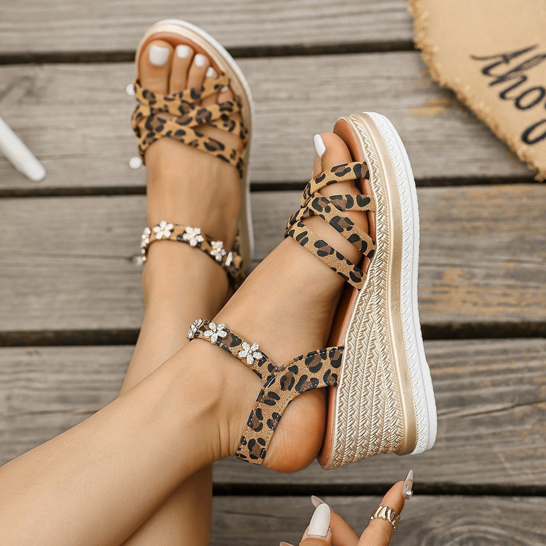 Damen Wedge-Sandalen mit dekorativen Riemen und modischem Leopardenmuster Drune