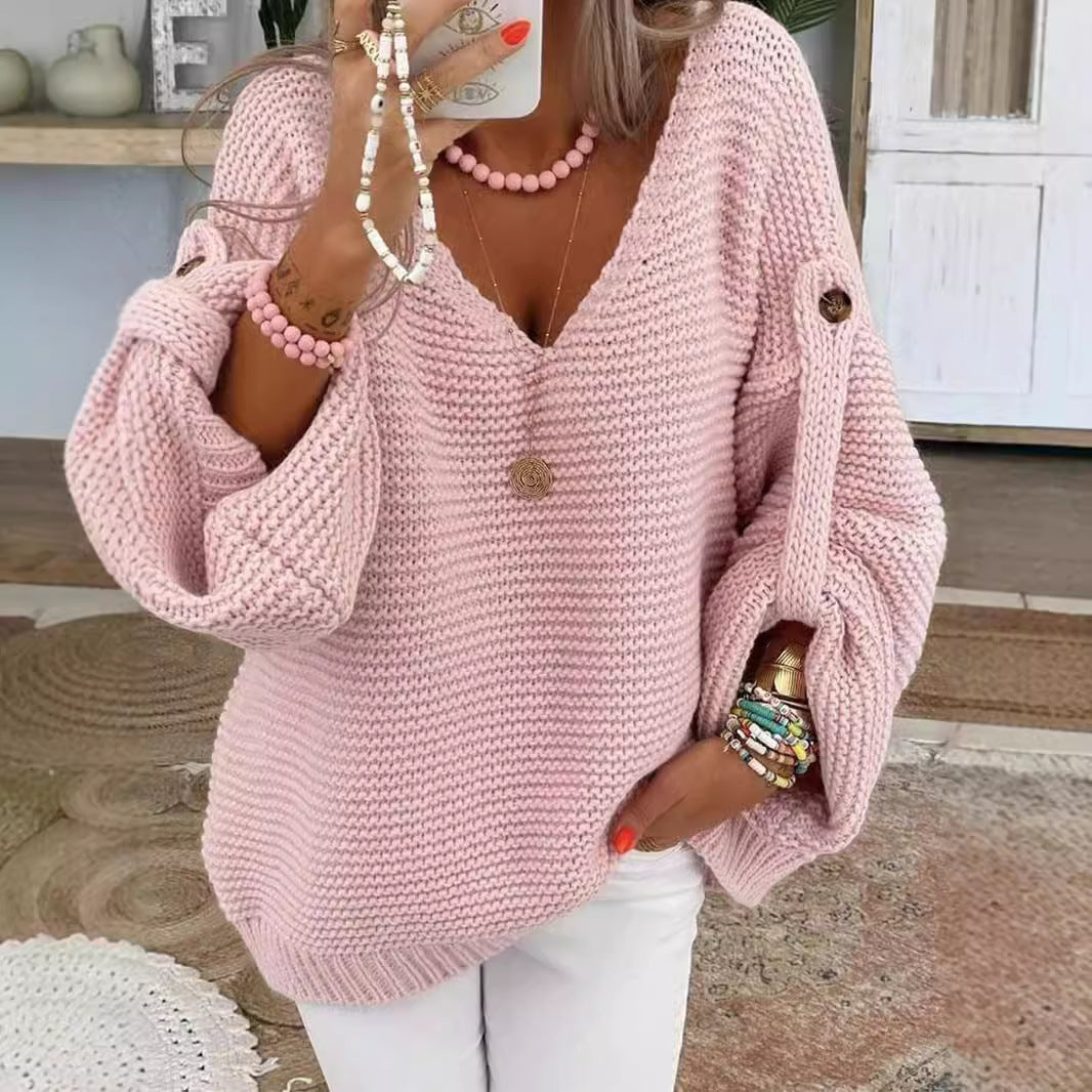 Damen V-Ausschnitt Strickpullover mit weitem Schnitt Drune