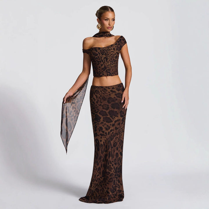 Damen Elegantes Set aus Crop-Top und Maxirock mit Leopardenmuster Drune