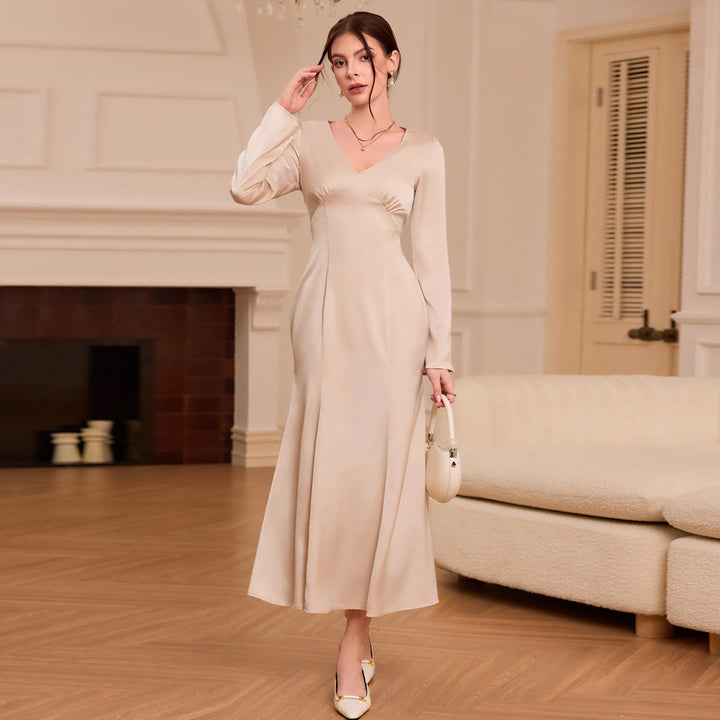 Damen elegantes Satin-Kleid mit V-Ausschnitt und langem Arm Drune