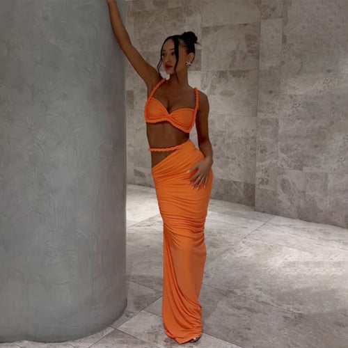 Damen Set mit crop Top und langem Rüschenrock Drune