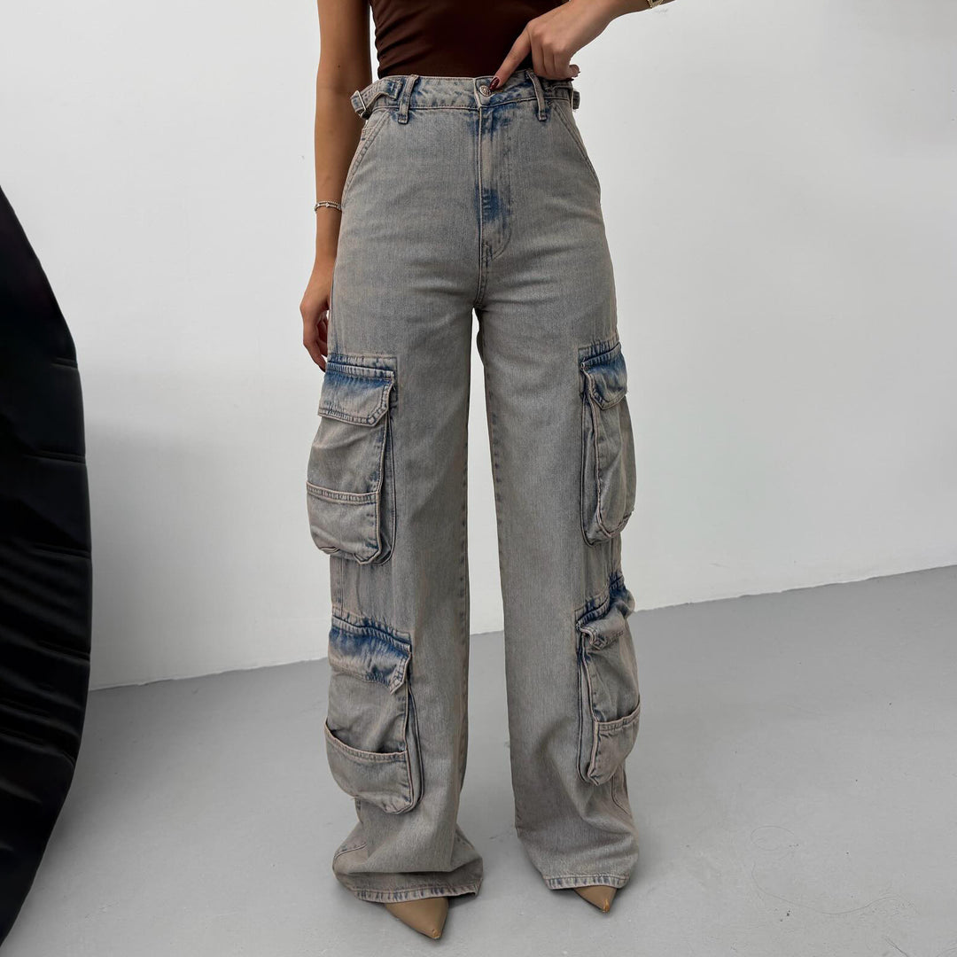 Damen Cargo-Jeans mit hohem Bund und praktischen Taschen Drune