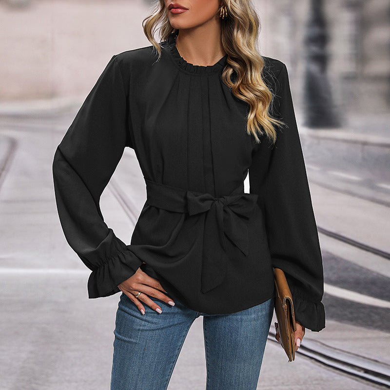 Damen elegante Bluse mit Rüschendetails und Taillengürtel Drune