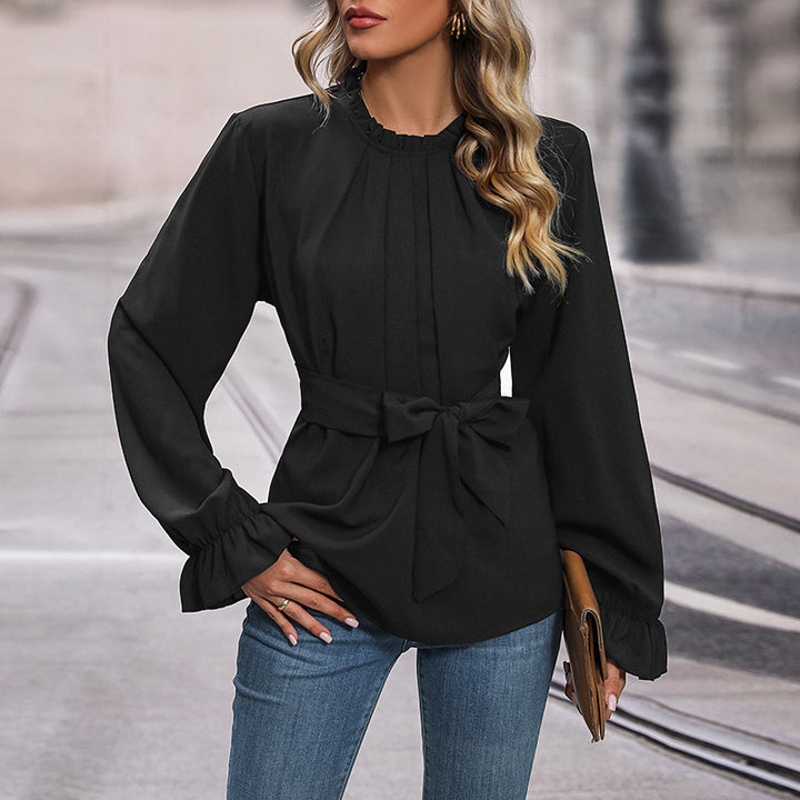 Damen elegante Bluse mit Rüschendetails und Taillengürtel Drune