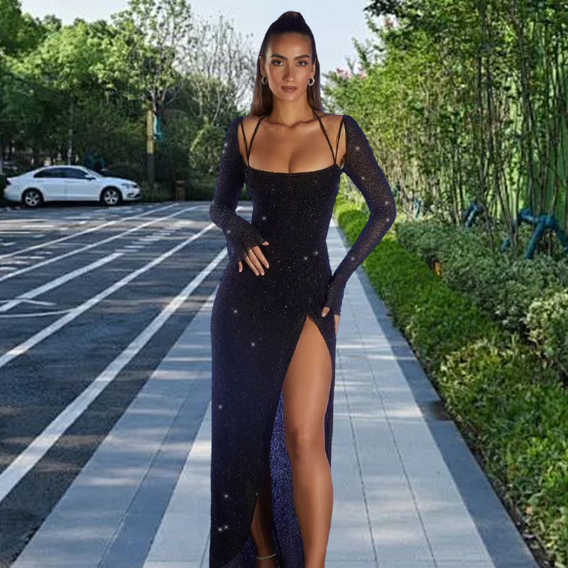 Damen Glamouröses Maxikleid mit schimmernden Details und seitlichem Schlitz Drune