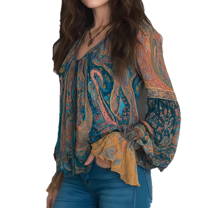 Damen Boho-Chic Bluse mit geflammten Ärmeln und V-Ausschnitt Drune