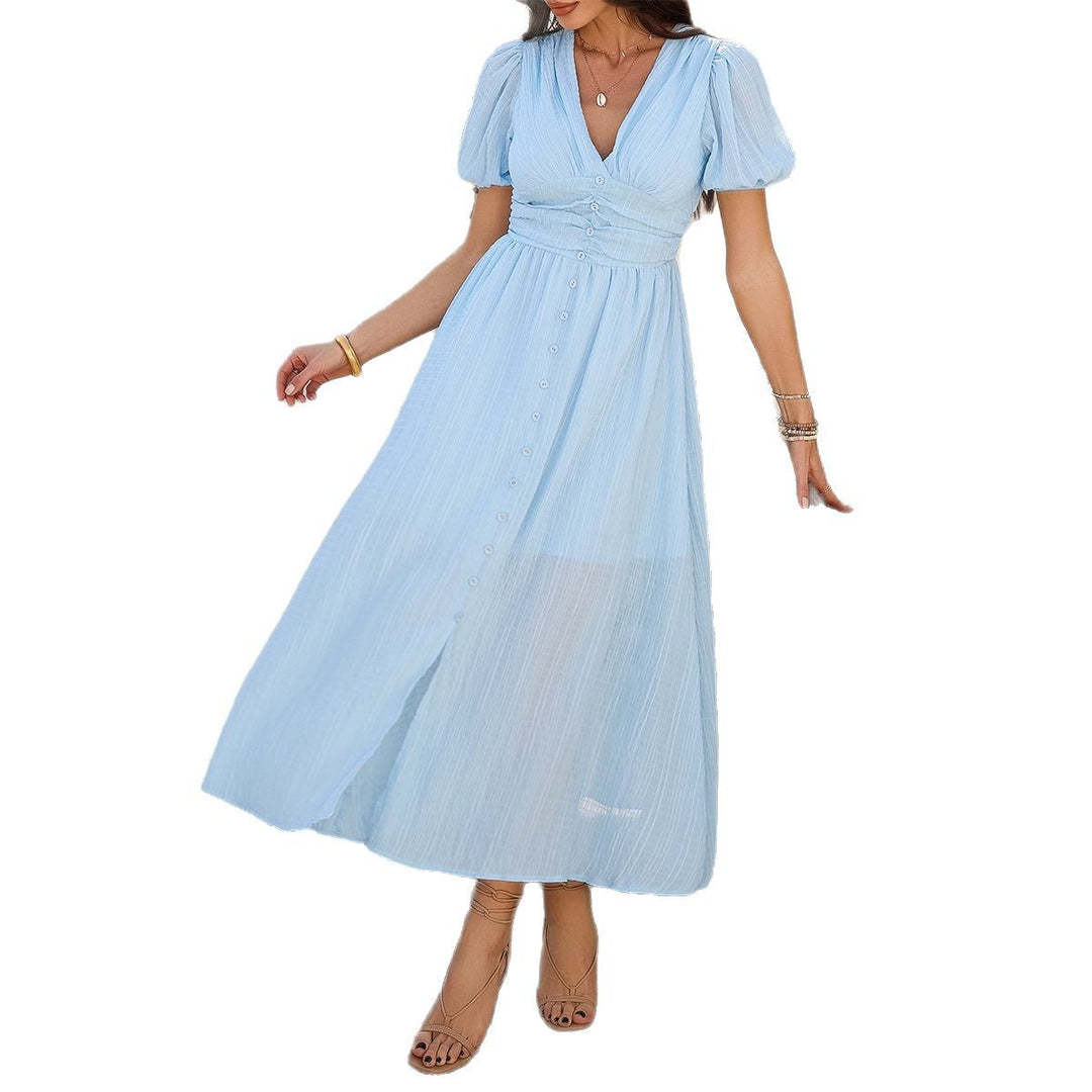 Damen Maxikleid mit V-Ausschnitt und luftigen Puffärmeln Drune