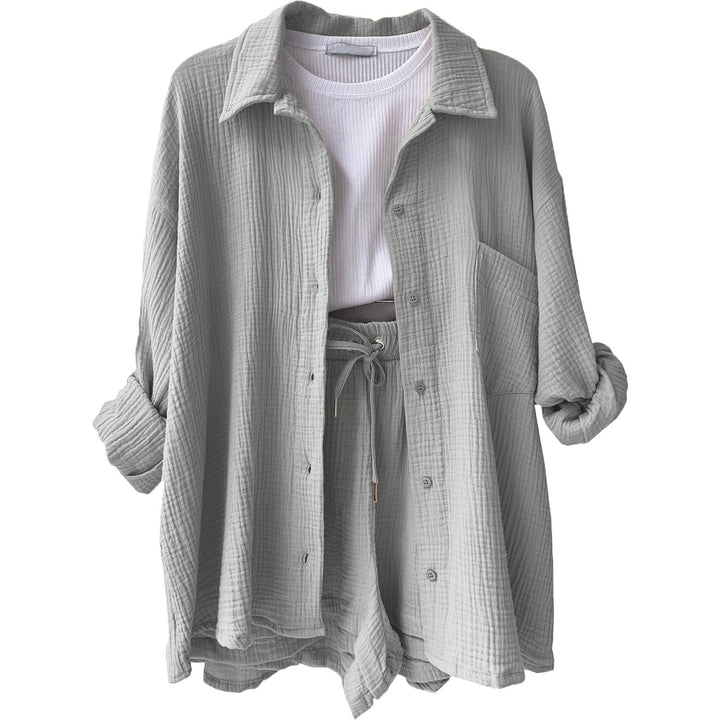 Damen nan lässiges oversized Hemd und Shorts Set mit Brusttasche Kordelbund und gerauter Baumwollstruktur Drune