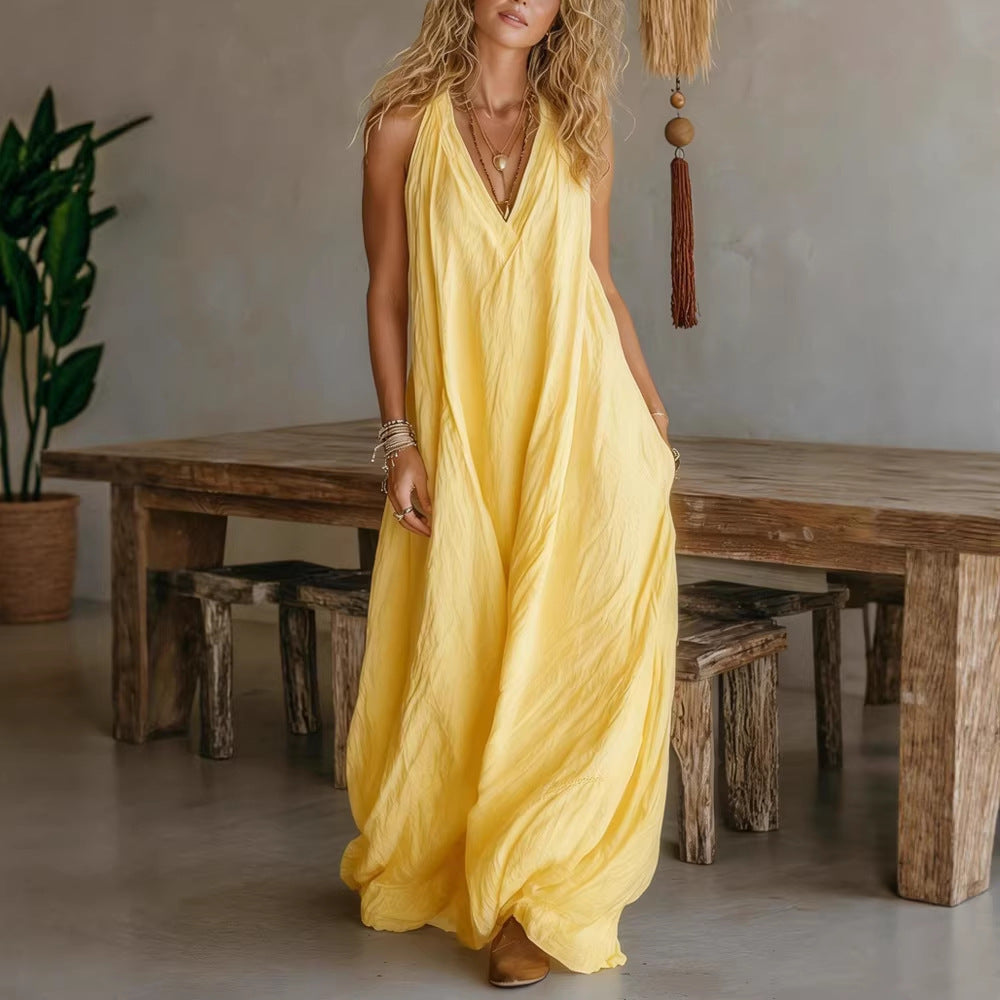 Damen Luftiges Maxikleid mit tiefem V-Ausschnitt Drune