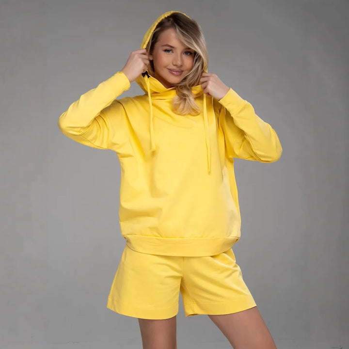 Damen bequemer und modischer Hoodie mit lässiger Kängurutasche und Shorts Set Drune