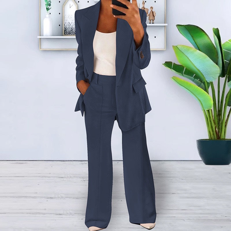 Damen nan bürotaugendes Hosenanzug Set mit weiter Hose und tailliertem Blazer Drune