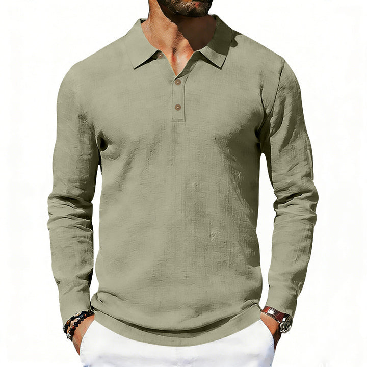 Herren nan Langarm-Poloshirt aus Leinen mit Henley-Knopfleiste und Kentkragen Drune