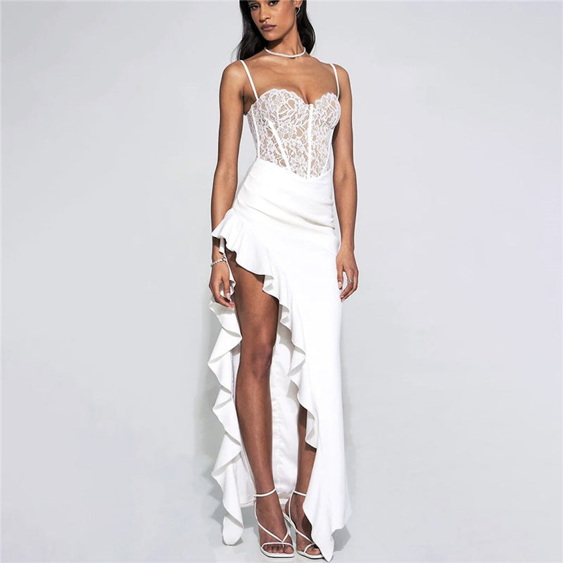Damen elegantes Spitzen-Maxikleid mit raffinierten Drapierungen Drune