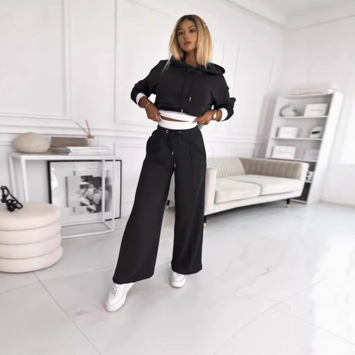 Damen nan Cropped Kapuzenpullover und weite taillenhohe Jogginghose Set Drune