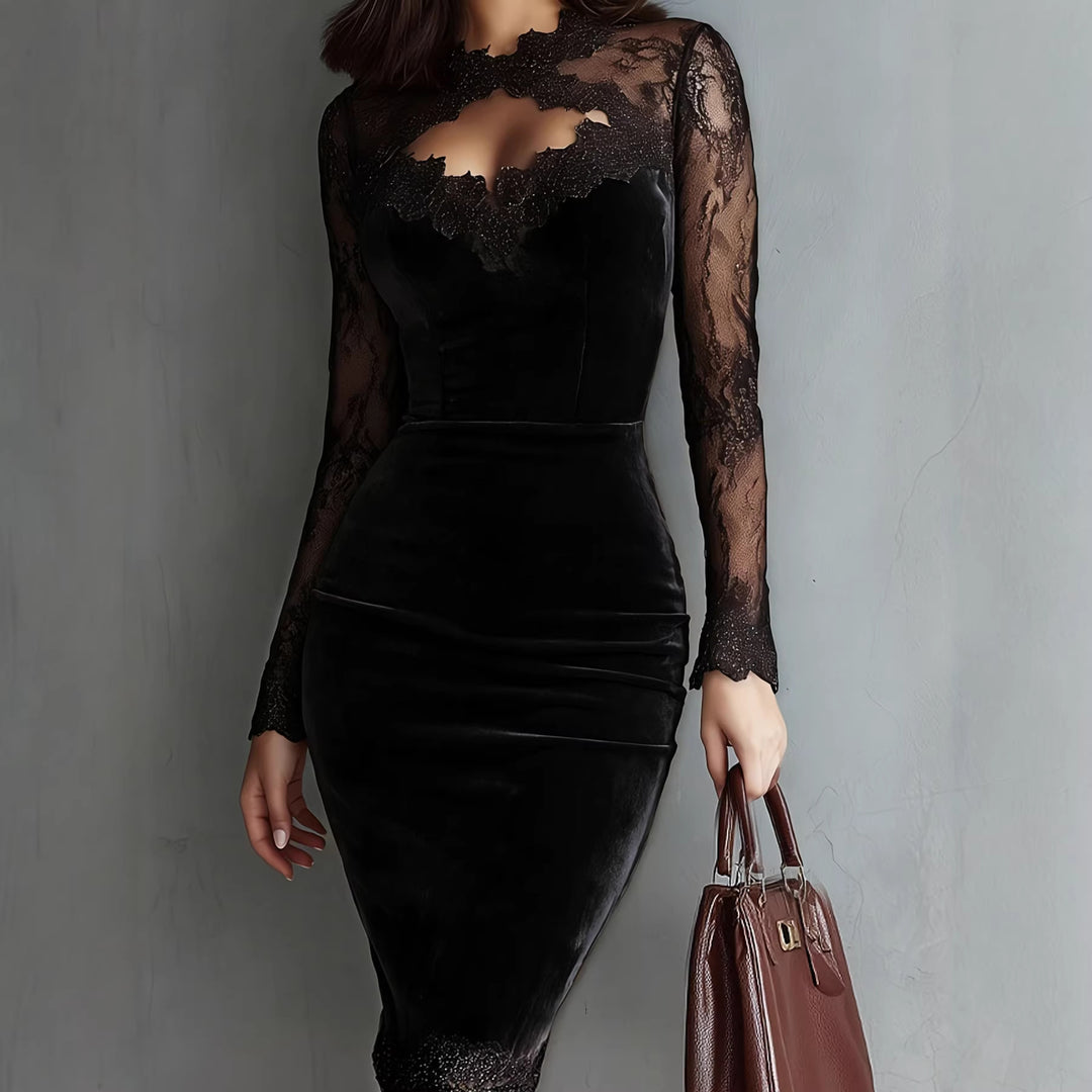Damen Elegantes Samtkleid mit Spitzeneinsätzen und tailliertem Schnitt Drune
