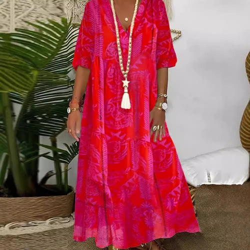 Damen elegantes Maxikleid mit floralen Motiven und V-Ausschnitt Drune